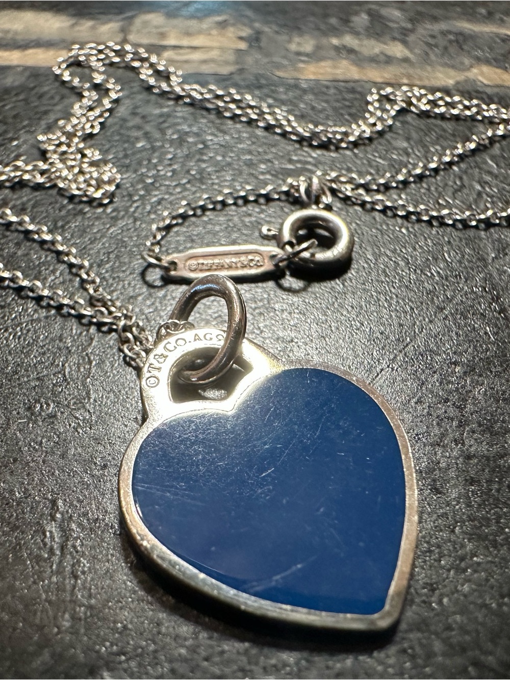 Return To Tiffany & Co. Retired Blue Enamel Heart Tag Pendant Charm 17” Necklace